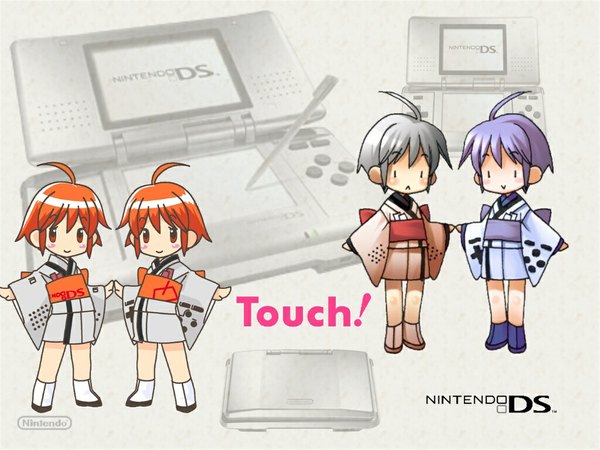 Anime picture 1024x768 with fringe smile multiple girls purple hair ahoge japanese clothes grey hair orange hair text :< minigirl personification blush stickers girl kimono obi 4 girls short kimono nintendo ds mascot