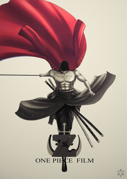 Anime picture 1800x2537 with one piece toei animation roronoa zoro zhang ding single tall image highres simple background standing holding signed full body copyright name outstretched arm looking down monochrome scar topless muscle clothes on shoulders