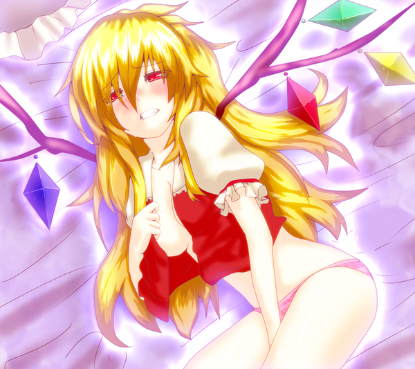 Anime picture 1000x889 with touhou flandre scarlet soubi single long hair blush breasts light erotic blonde hair red eyes pantyshot girl wings crystal