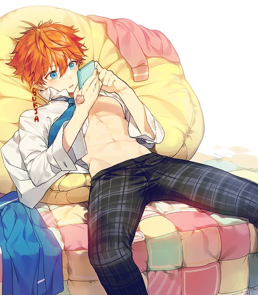 Anime picture 700x800 with ensemble stars! akehoshi subaru sorolp single tall image fringe short hair blue eyes light erotic simple background hair between eyes white background signed looking away orange hair open clothes bare belly spread legs open shirt groin