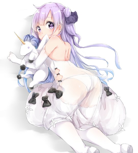 Anime picture 1086x1202 with azur lane unicorn (azur lane) nosetissue single long hair tall image looking at viewer blush fringe breasts light erotic simple background hair between eyes white background purple eyes bare shoulders purple hair ahoge ass looking back