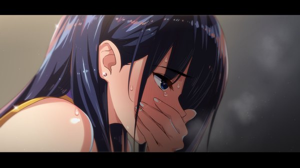 Anime picture 1920x1080 with original yusukesan single long hair blush fringe highres blue eyes wide image bare shoulders payot blue hair looking away upper body profile sweat looking down symbol-shaped pupils letterboxed exhalation