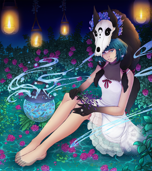 Anime picture 1200x1347 with original faeyune single tall image looking at viewer short hair blue eyes sitting braid (braids) parted lips barefoot green hair sleeveless partially submerged girl dress flower (flowers) water white dress rose (roses)