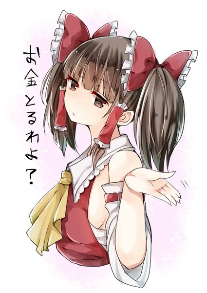 Anime picture 1000x1412 with touhou hakurei reimu mimoto (aszxdfcv) single long hair tall image looking at viewer fringe simple background brown hair twintails brown eyes portrait alternate hairstyle girl bow hair bow detached sleeves