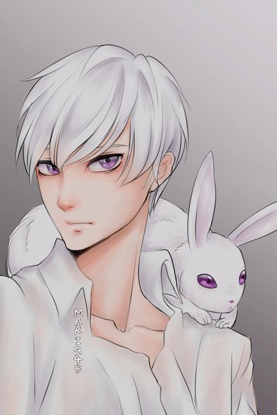 Anime picture 2000x3000 with original mari945 single tall image looking at viewer fringe highres short hair simple background hair between eyes purple eyes signed upper body white hair realistic grey background portrait animal on shoulder boy animal