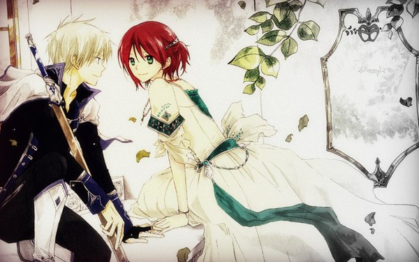 Anime picture 1680x1050 with akagami no shirayuki 21emmz12 (artist) short hair blonde hair wide image sitting green eyes red hair dress hair ornament sword leaf (leaves)