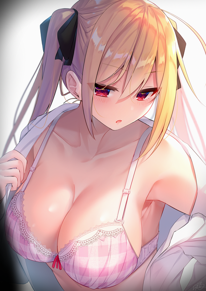 Anime picture 1450x2048 with original blonde hair-chan (ramchi) ramchi single long hair tall image looking at viewer blush fringe breasts open mouth light erotic simple background blonde hair hair between eyes red eyes large breasts standing twintails signed