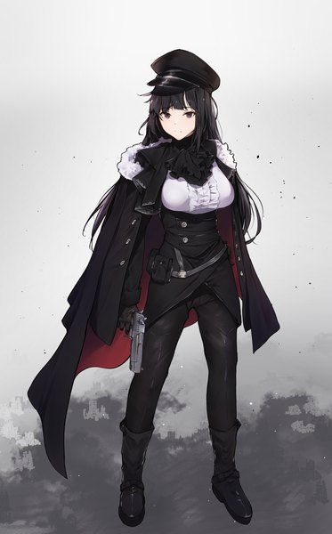 Anime picture 1346x2162 with original hplay (kyoshinou) single long hair tall image looking at viewer blush fringe breasts black hair simple background standing holding full body blunt bangs black eyes fur trim hand on hip expressionless clothes on shoulders