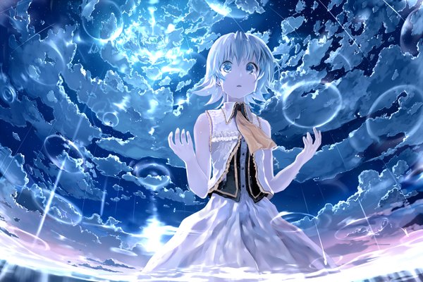 Anime picture 1920x1280 with vocaloid gumi bob (biyonbiyon) single looking at viewer highres short hair blue eyes cloud (clouds) white hair from below tears light rain crying girl dress star (stars) water drop