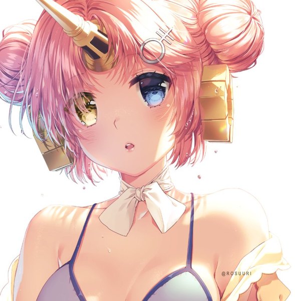 Anime picture 800x815 with fate (series) fate/grand order fate/apocrypha frankenstein's monster (fate) frankenstein's monster (swimsuit saber) (fate) rosuuri single tall image looking at viewer blush fringe short hair breasts open mouth blue eyes light erotic simple background white background bare shoulders signed