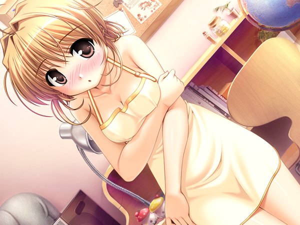 Anime picture 1024x768 with fortune arterial august soft yuuki kanade single looking at viewer blush fringe short hair breasts open mouth blonde hair standing bare shoulders brown eyes game cg cleavage ahoge indoors :o dutch angle