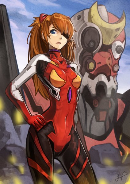 Anime picture 744x1052 with neon genesis evangelion gainax soryu asuka langley goomrrat single long hair tall image looking at viewer blue eyes brown hair hand on hip covered navel girl bodysuit eyepatch