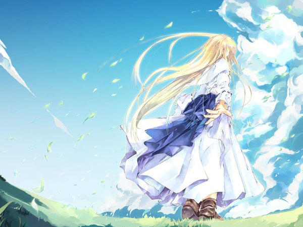 Anime picture 1280x960 with original sumi keiichi single long hair blonde hair sky cloud (clouds) wind scenic girl dress plant (plants) boots grass