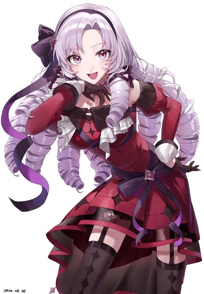 Anime picture 2954x4236 with virtual youtuber nijisanji hyakumantenbara salome hyakumantenbara salome (1st costume) coppepan single long hair tall image looking at viewer highres open mouth simple background white background purple eyes purple hair :d leaning leaning forward hand on hip drill hair