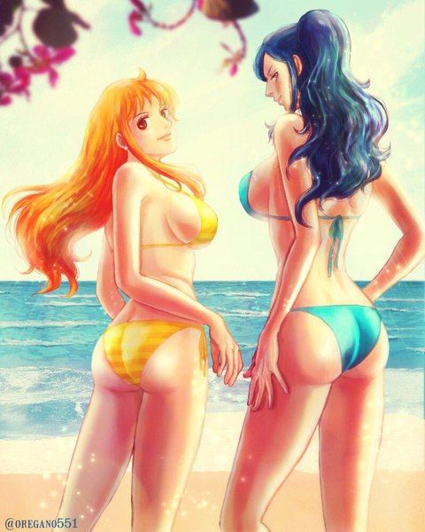 Anime picture 800x1000 with one piece toei animation nami (one piece) nico robin oregano551 long hair tall image looking at viewer fringe breasts light erotic large breasts standing multiple girls brown eyes signed blue hair sky cloud (clouds) ass