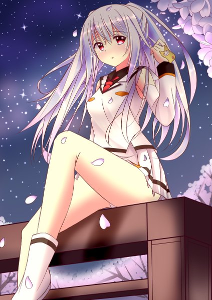 Anime picture 1748x2480 with plastic memories isla (plastic memories) tongtongtong single long hair tall image looking at viewer blush fringe highres light erotic hair between eyes red eyes sitting twintails bare shoulders payot silver hair bent knee (knees) parted lips
