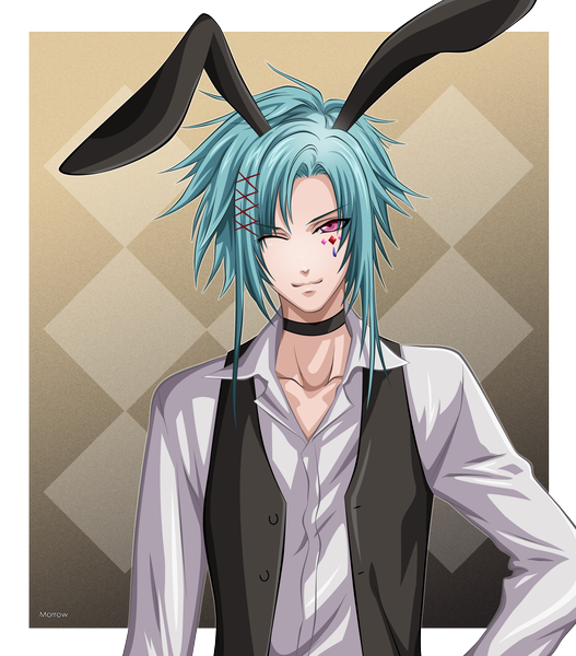 Anime picture 2400x2730 with wand of fortune idea factory alvaro garay morrow single tall image highres short hair smile one eye closed pink eyes wink aqua hair bunny ears hand on hip bunny boy boy hair ornament shirt choker