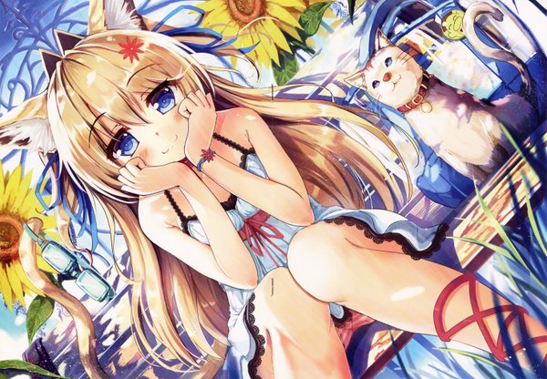 Anime picture 2942x2043 with original akabane (zebrasmise) long hair looking at viewer blush highres blue eyes light erotic blonde hair sitting animal ears tail animal tail cat ears scan cat girl cat tail pantyshot pantyshot sitting girl
