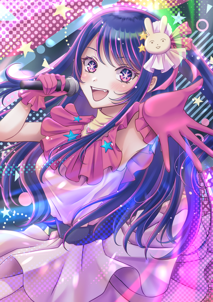 Anime picture 2894x4093 with oshi no ko hoshino ai (oshi no ko) allymidorikawa single long hair tall image looking at viewer blush fringe highres open mouth smile standing purple eyes purple hair arms up armpit (armpits) outstretched arm symbol-shaped pupils girl