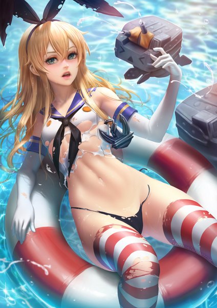 Anime picture 2480x3508 with kantai collection shimakaze destroyer rensouhou-chan nudtawut thongmai single long hair tall image looking at viewer blush fringe highres open mouth light erotic blonde hair hair between eyes payot lying eyes closed arm up from above
