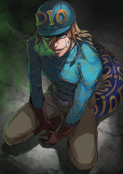 Anime picture 1447x2047 with jojo no kimyou na bouken steel ball run diego brando scary monster (stand) acchom zatta single long hair tall image fringe blonde hair hair between eyes green eyes tail from above teeth squat sharp teeth stand (jojo) boy gloves