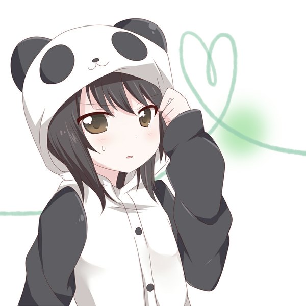 Anime picture 1000x1000 with yuru yuri doga kobo funami yui mishima kurone single short hair black hair brown eyes animal hood heart of string adjusting hood panda hood girl heart hood pajamas animal costume panda panda costume