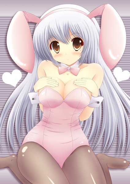 Anime picture 1000x1414 with original taiki ken single long hair tall image blush breasts light erotic bare shoulders brown eyes white hair bunny ears girl heart bunnysuit