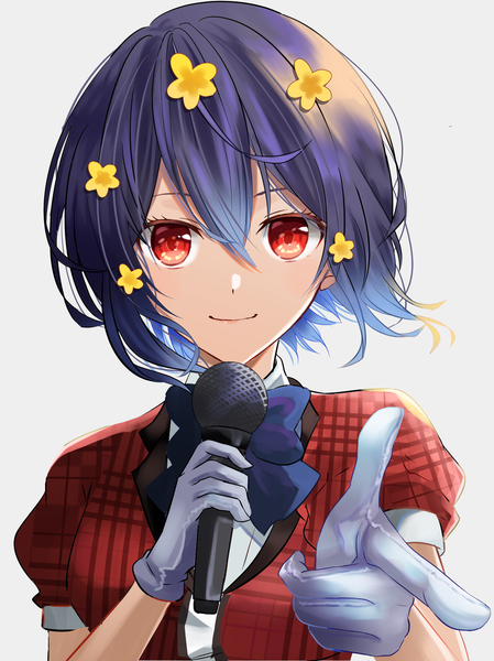 Anime picture 1401x1871 with zombie land saga mappa mizuno ai inamori (inari00000) single tall image looking at viewer fringe short hair simple background hair between eyes red eyes holding blue hair upper body hair flower light smile grey background pointing at viewer girl
