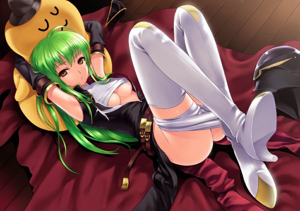 Anime picture 1000x704 with code geass sunrise (studio) c.c. 40010prototype single long hair fringe breasts light erotic yellow eyes ass lying green hair girl detached sleeves pillow thigh boots