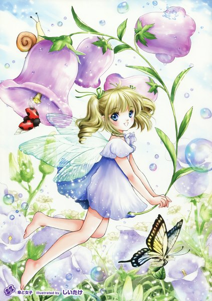 Anime picture 2536x3600 with girls, girls, girls! 11 (artbook) shiitake (gensoudou) single long hair tall image looking at viewer blush highres blue eyes blonde hair smile twintails barefoot scan official art fantasy fairy girl dress flower (flowers)
