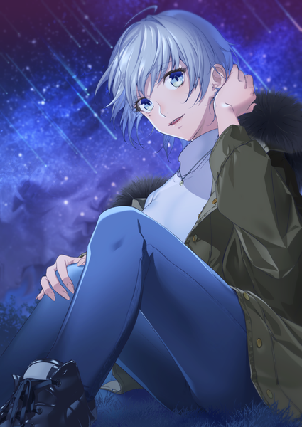 Anime picture 2006x2833 with original atori (pixiv35921525) single tall image looking at viewer blush fringe highres short hair open mouth blue eyes hair between eyes sitting payot silver hair cloud (clouds) ahoge bent knee (knees) long sleeves head tilt