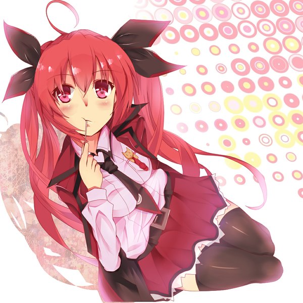 Anime picture 1024x1024 with date a live itsuka kotori mizuyoukan (mikususannda) single long hair blush simple background sitting twintails red hair pink eyes zettai ryouiki girl thighhighs uniform black thighhighs school uniform necktie