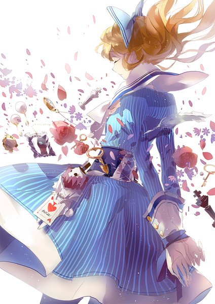 Anime picture 750x1061 with alice in wonderland original alice (wonderland) nanobe single long hair tall image fringe simple background blonde hair white background ponytail eyes closed hands behind back bound hands girl dress flower (flowers) bow hair bow