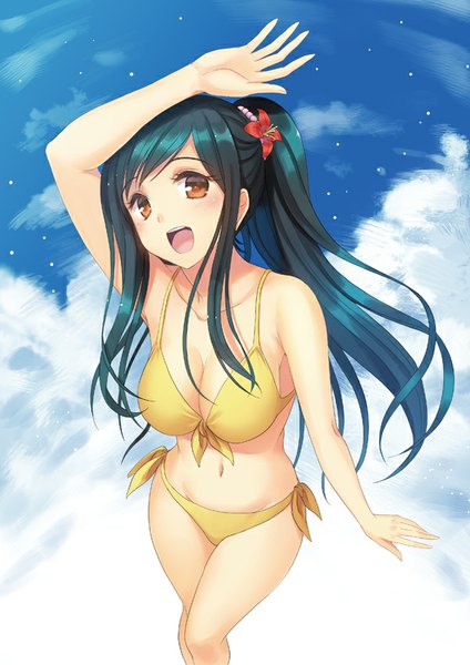 Anime picture 600x848 with original kichiroku single long hair tall image looking at viewer blush fringe breasts open mouth smile large breasts standing brown eyes sky cloud (clouds) bent knee (knees) outdoors ponytail hair flower