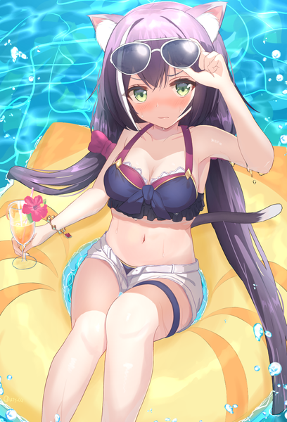 Anime picture 870x1278 with princess connect! re:dive princess connect! karyl (princess connect!) yuutii single long hair tall image blush twintails green eyes purple hair multicolored hair streaked hair low twintails sunglasses on head afloat adjusting sunglasses girl swimsuit bikini