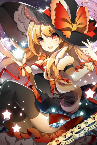 Anime picture 1000x1480 with touhou kirisame marisa roh nam kyung single long hair tall image open mouth blonde hair orange eyes witch girl thighhighs bow black thighhighs hair bow star (symbol) witch hat lace