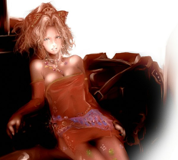 Anime picture 1000x900 with final fantasy final fantasy vi square enix tina branford poker-face-008 single long hair looking at viewer breasts open mouth light erotic blonde hair large breasts sitting bare shoulders brown eyes realistic girl dress hair ornament
