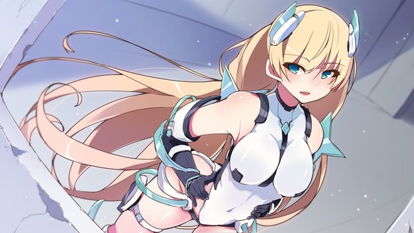 Anime picture 1920x1082 with expelled from paradise angela balzac maze (gochama ze gohan) single blush highres breasts blue eyes light erotic blonde hair wide image twintails looking away very long hair low twintails covered navel girl gloves navel belt