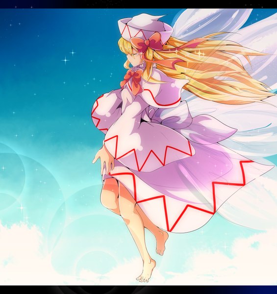 Anime picture 3566x3788 with touhou lily white baba (baba seimaijo) single long hair tall image highres blonde hair absurdres sky eyes closed profile barefoot girl dress bow hat wings teardrop