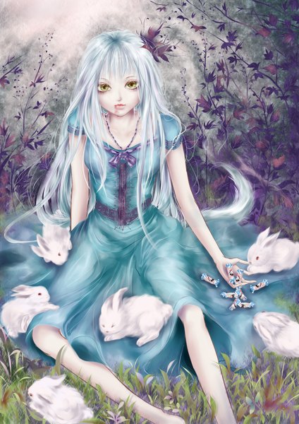 Anime picture 2480x3507 with original tagme (artist) single long hair tall image looking at viewer blush highres sitting yellow eyes silver hair lips girl ribbon (ribbons) food bunny