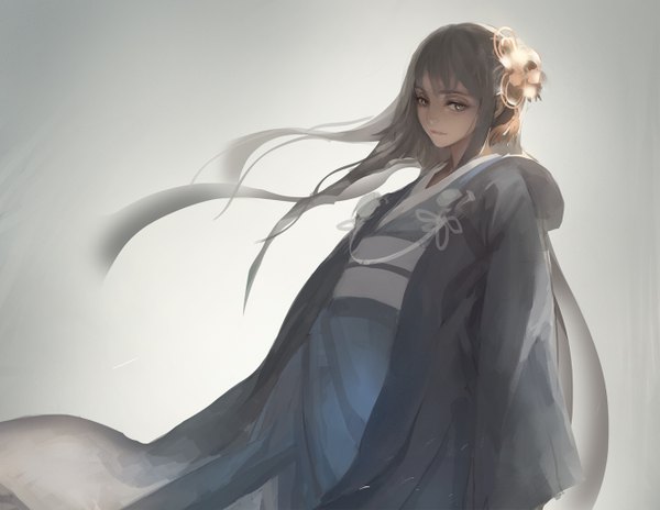 Anime picture 1330x1030 with original monono single long hair fringe traditional clothes japanese clothes wind grey hair looking down glow girl hair ornament kimono obi