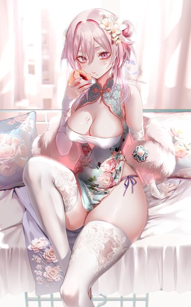 Anime picture 5000x8000 with genshin impact lumine (genshin impact) pottsness single tall image looking at viewer blush fringe highres short hair breasts light erotic hair between eyes large breasts sitting holding signed pink hair absurdres bent knee (knees)