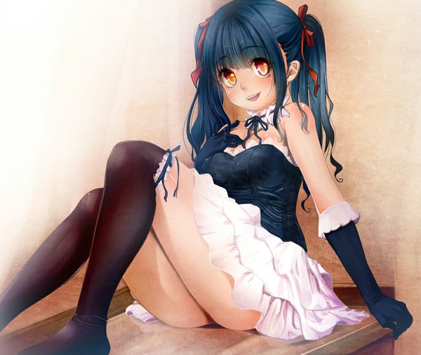 Anime picture 1000x844 with original chibimame single long hair blush open mouth light erotic red eyes sitting twintails blue hair girl thighhighs dress gloves ribbon (ribbons) black thighhighs hair ribbon elbow gloves