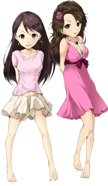 Anime picture 1125x1934 with solru (tyappygain) long hair tall image looking at viewer black hair brown hair multiple girls brown eyes barefoot transparent background girl dress 2 girls hairband