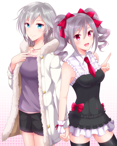 Anime picture 800x1000 with idolmaster idolmaster cinderella girls kanzaki ranko anastasia (idolmaster) aireenhp long hair tall image blush open mouth blue eyes red eyes white background twintails multiple girls grey hair drill hair girl thighhighs dress bow