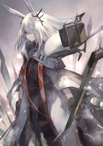 Anime picture 1536x2172 with arknights frostnova (arknights) shirataki jiro single long hair tall image fringe holding animal ears outdoors white hair hair over one eye bunny ears expressionless dual wielding girl gloves weapon black gloves cloak