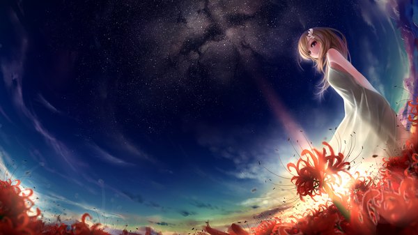 Anime picture 1920x1080 with original rail (silverbow) single long hair highres blonde hair wide image brown eyes cloud (clouds) night sky girl flower (flowers) sundress higanbana