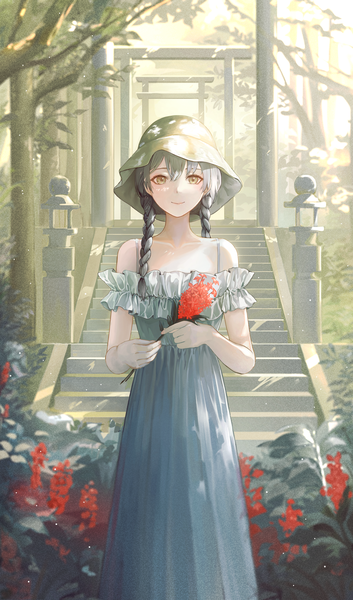 Anime picture 3629x6170 with original lacy (beees002) single long hair tall image looking at viewer fringe highres black hair bare shoulders holding yellow eyes absurdres outdoors braid (braids) twin braids girl dress flower (flowers) plant (plants)