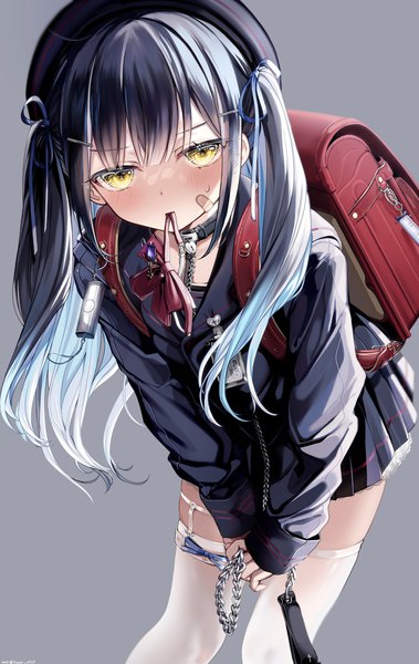 Anime picture 1424x2254 with original yunmi 0527 single long hair tall image looking at viewer blush fringe black hair simple background standing twintails holding yellow eyes payot blunt bangs head tilt pleated skirt multicolored hair aqua hair