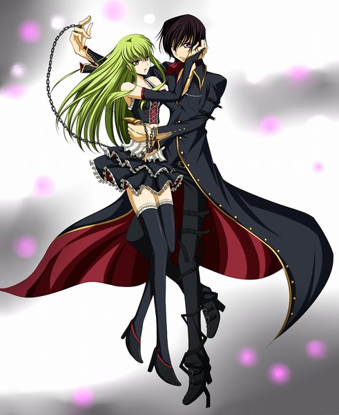 Anime picture 1024x1251 with code geass sunrise (studio) c.c. lelouch lamperouge ress ccllsaikou long hair tall image fringe short hair black hair purple eyes yellow eyes green hair couple girl thighhighs boy black thighhighs chain
